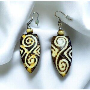 Vintage Tribal-Inspired Shell Carved Earrings With Spiral Design & Hook Closure